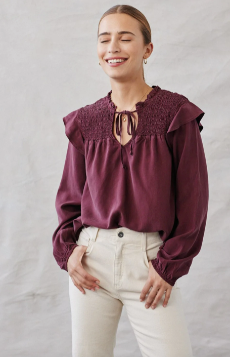 Long Sleeve Smocked Ruffle Pullover in Wildberry