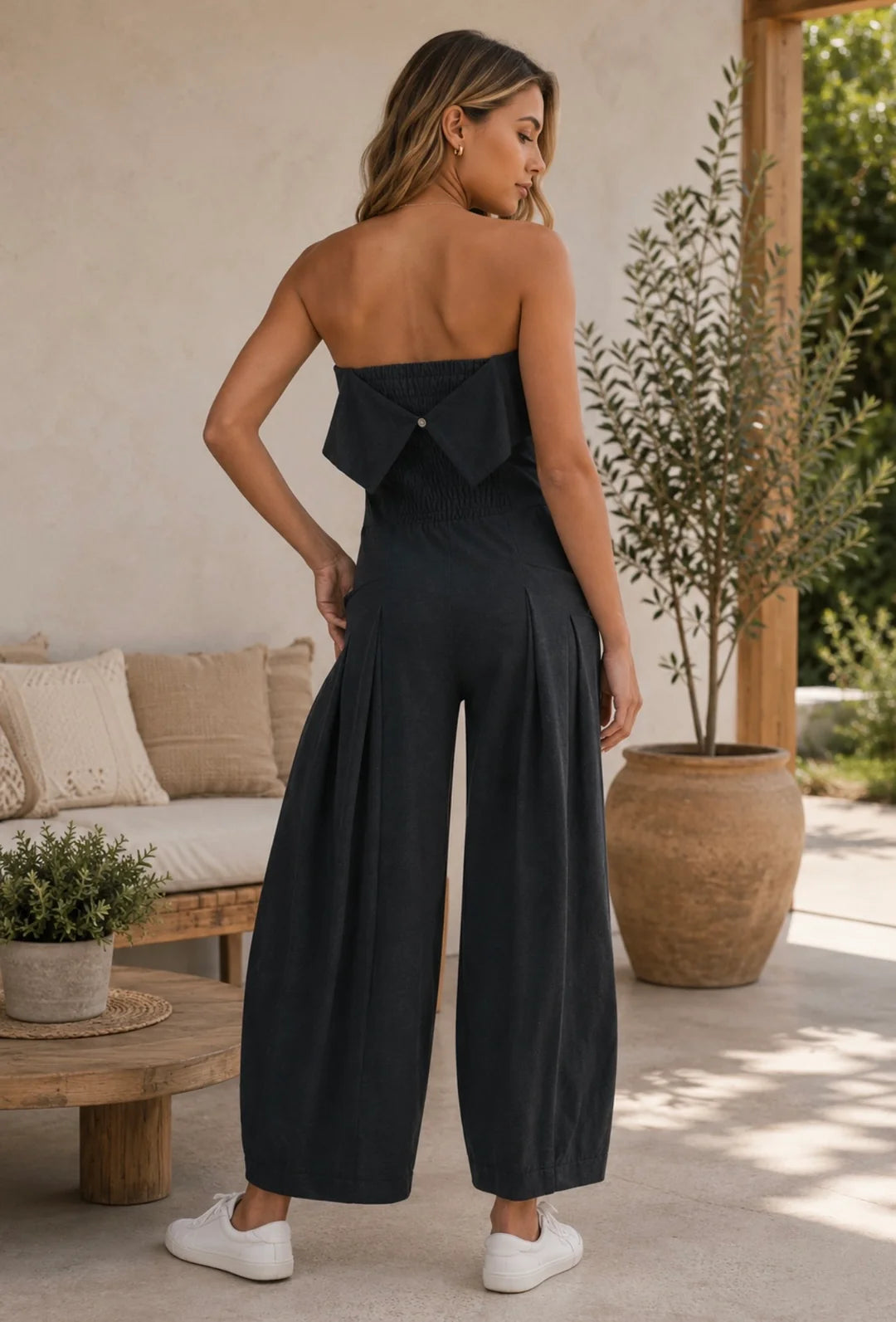 Foldover Strapless Barrel Jumpsuit in Black