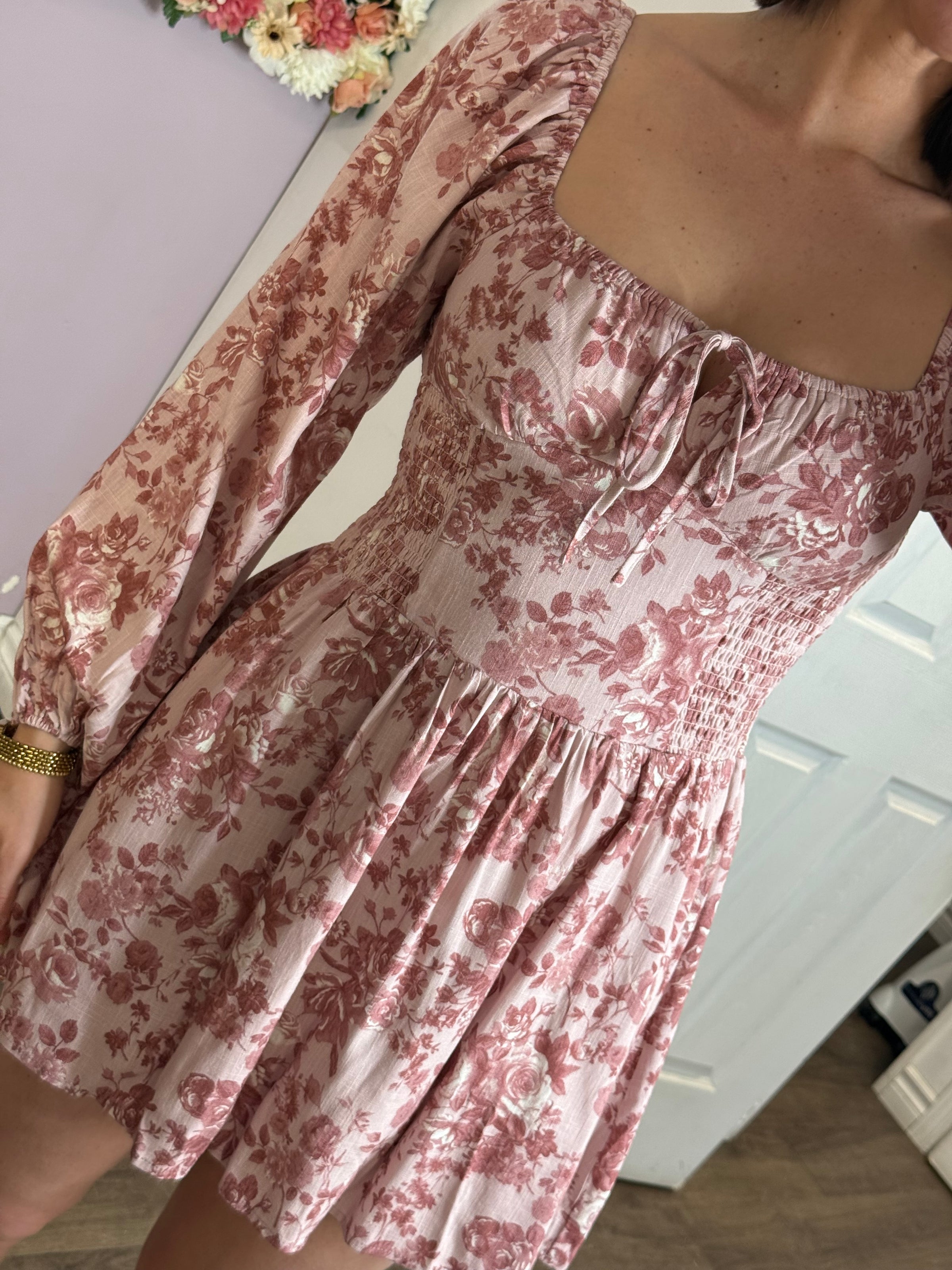 Puff Sleeve Square Neck Smocking Detail | Pink rose