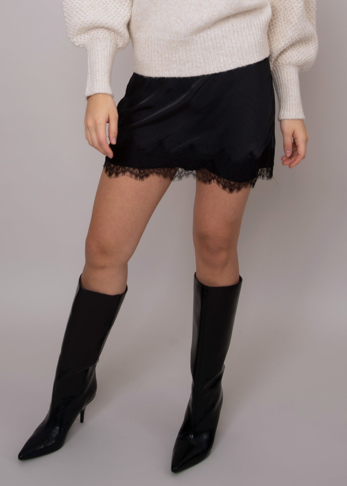 Kira Satin Lace Trim Skirt in Black