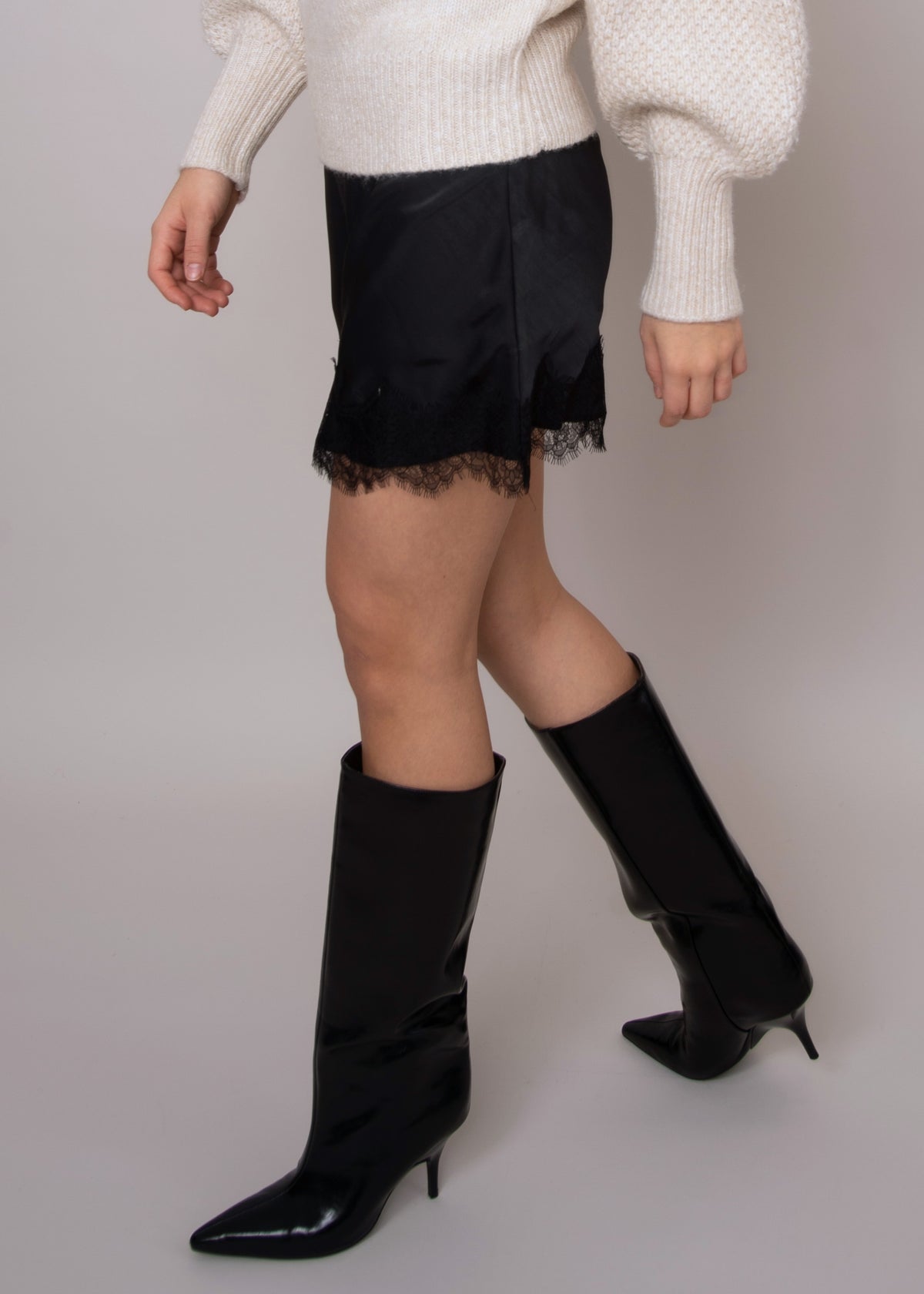 Kira Satin Lace Trim Skirt in Black