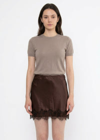 Kira Satin Lace Trim Skirt in Chocolate