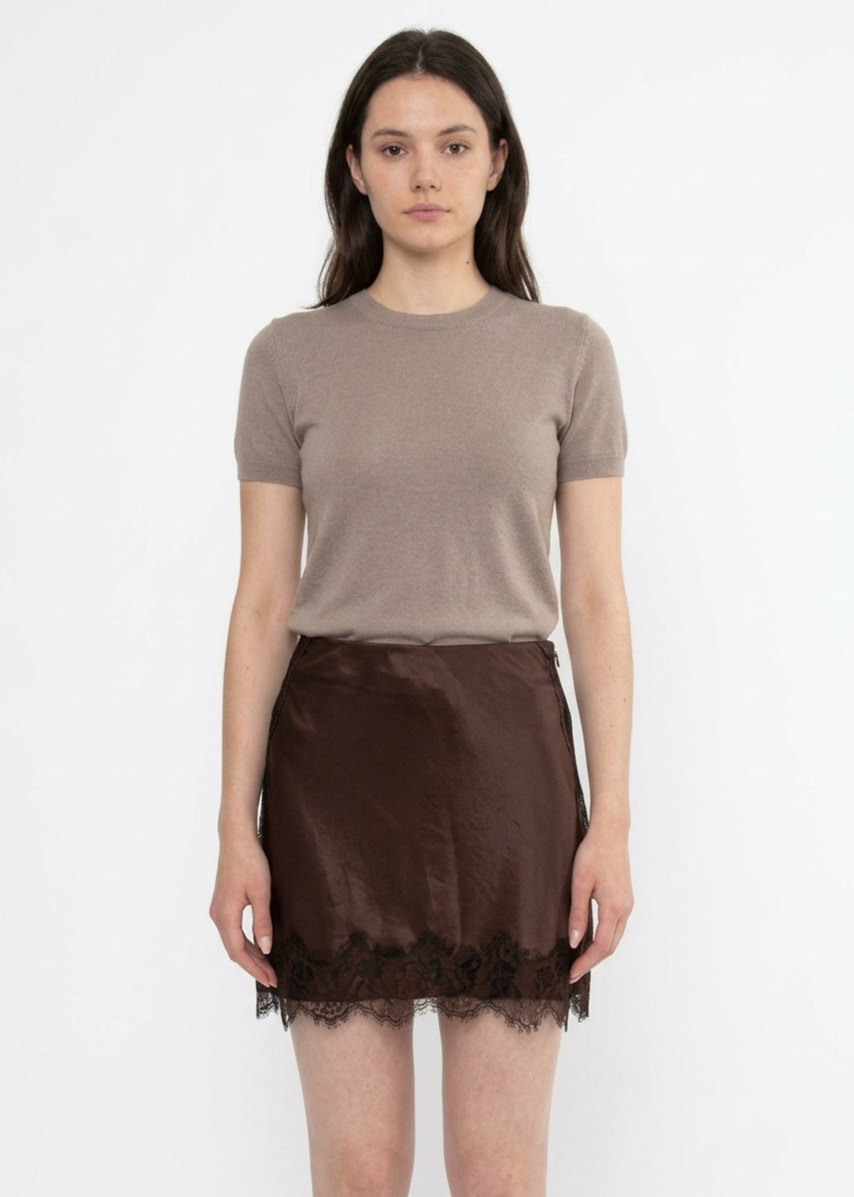 Kira Satin Lace Trim Skirt in Chocolate