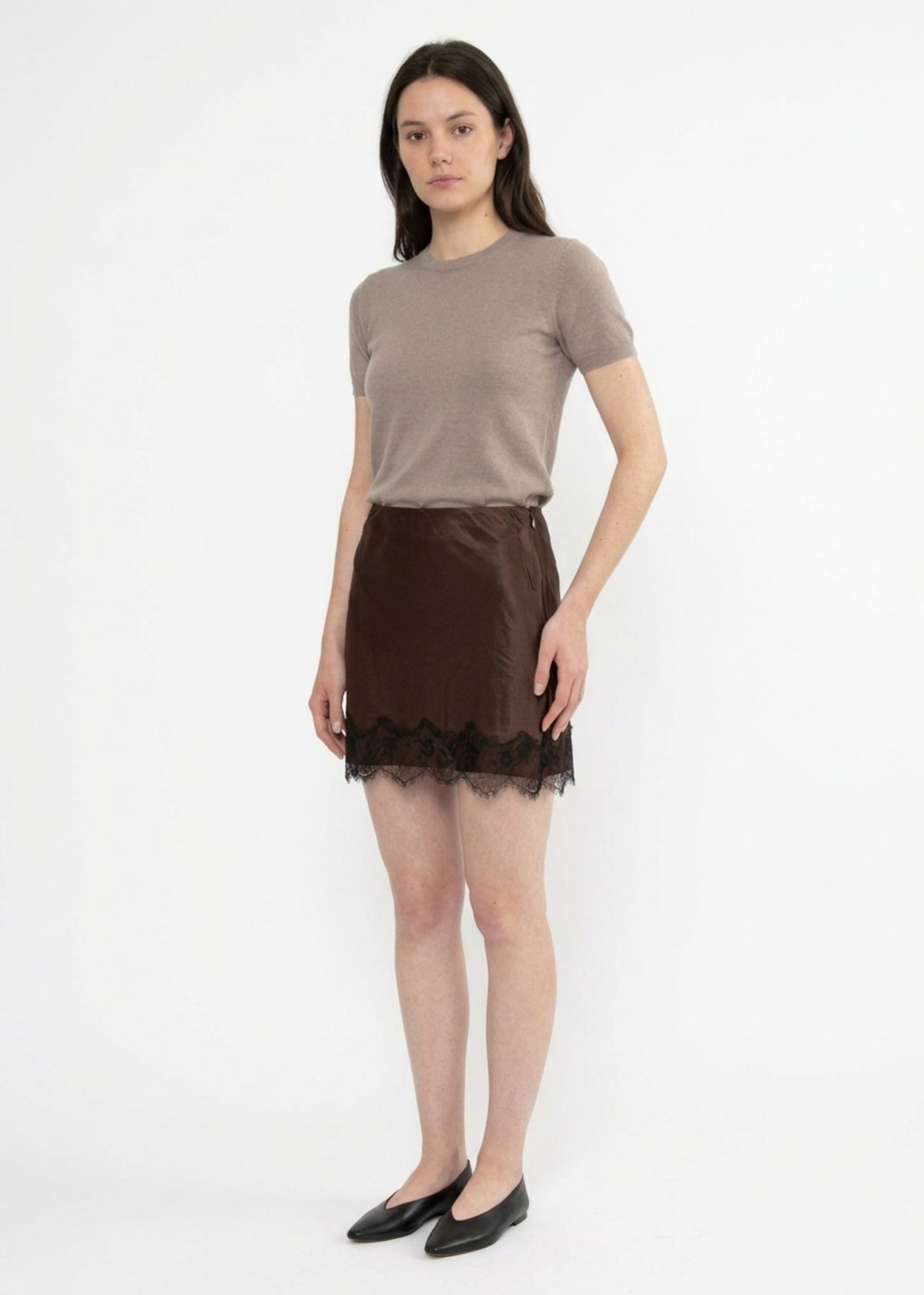 Kira Satin Lace Trim Skirt in Chocolate