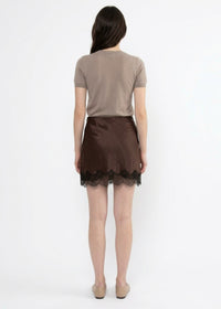 Kira Satin Lace Trim Skirt in Chocolate