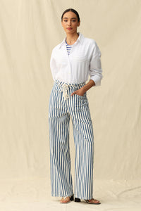 Tamsin High Rise Wide Leg | White Blue Stripe