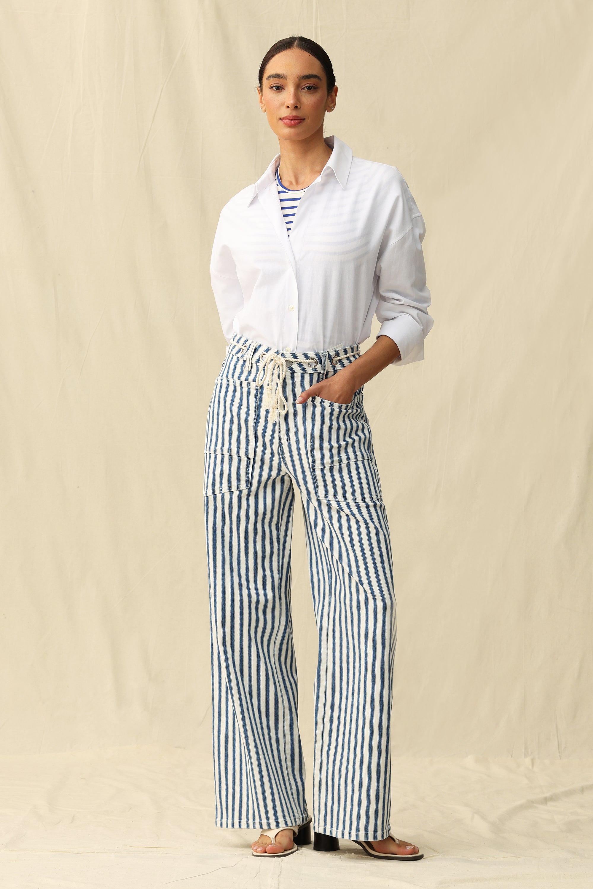 Tamsin High Rise Wide Leg | White Blue Stripe
