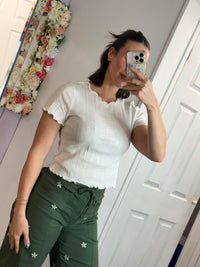 Chrissy Ruffle Hem Ribbed Cotton T-Shirt