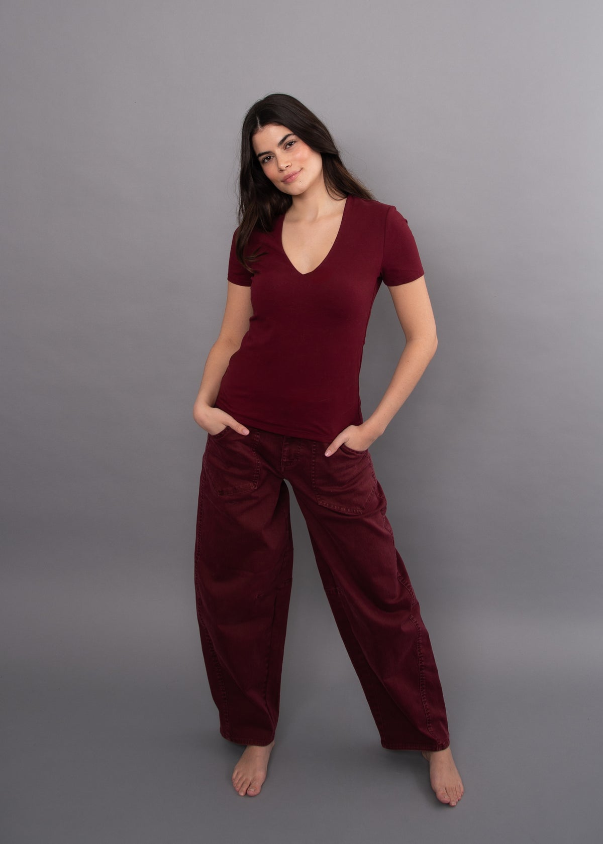 Valenna V-Neck Tee in Deep Burgundy