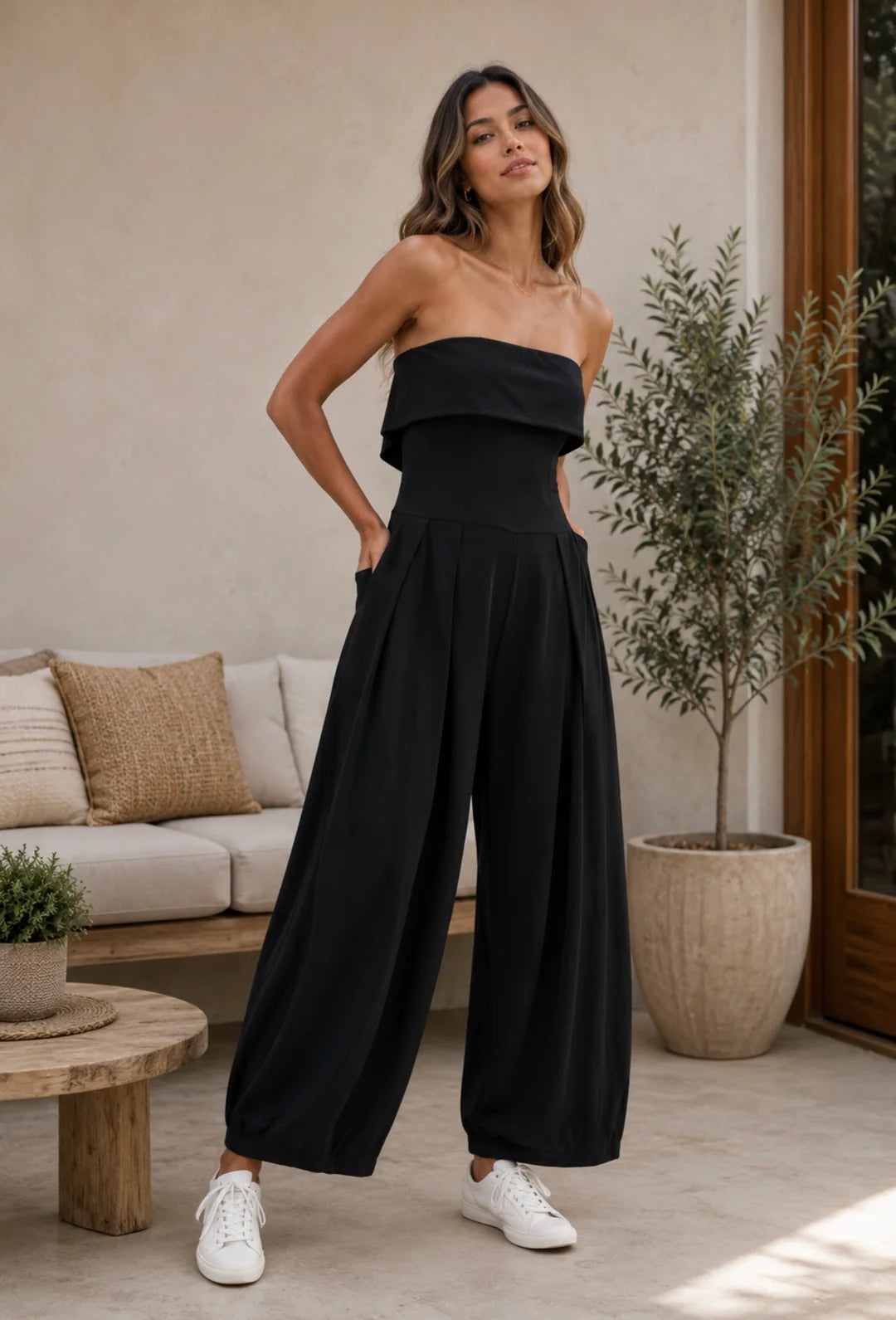 Foldover Strapless Barrel Jumpsuit in Black