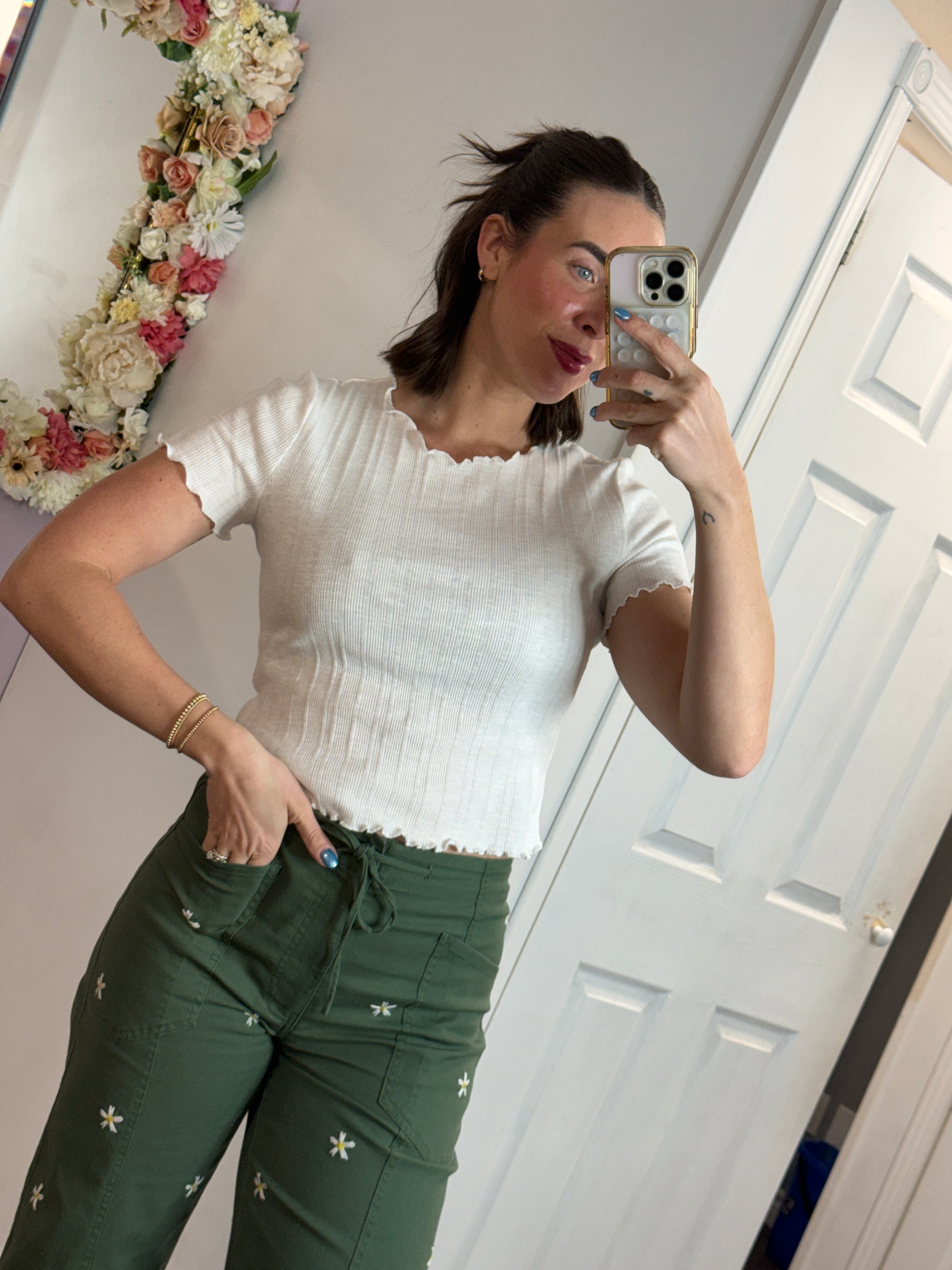 Chrissy Ruffle Hem Ribbed Cotton T-Shirt