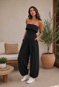 Foldover Strapless Barrel Jumpsuit in Black