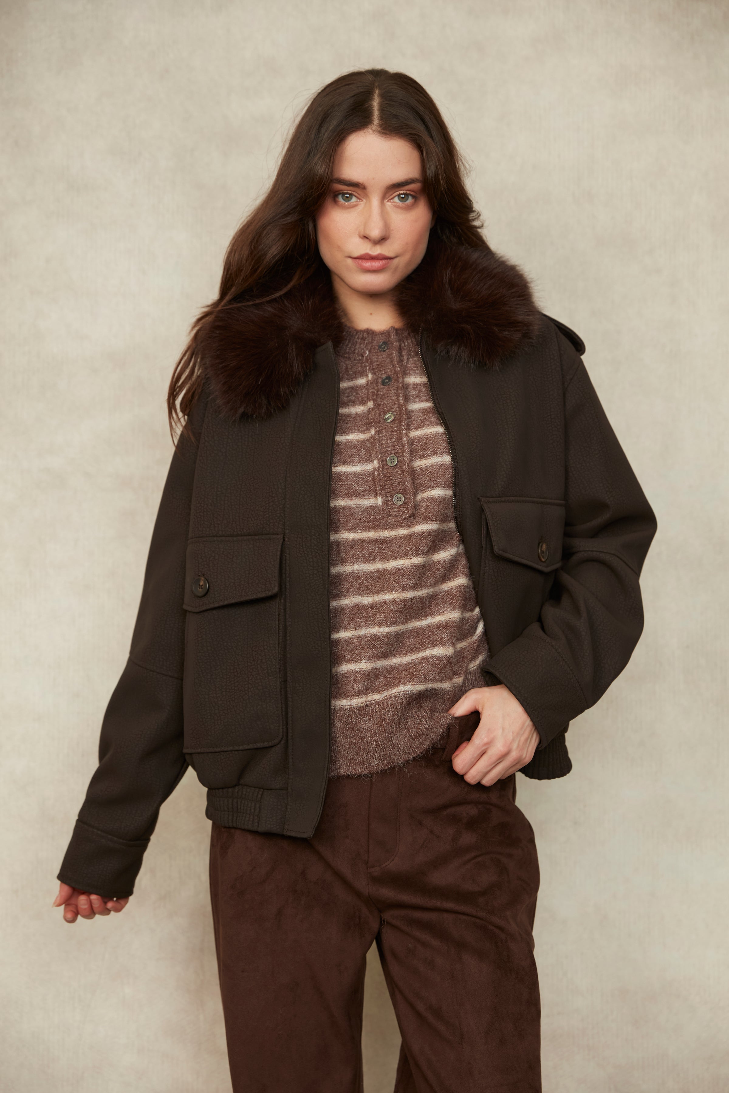 Mikaya Bomber with Faux Fur Collar