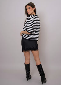 Kira Satin Lace Trim Skirt in Black