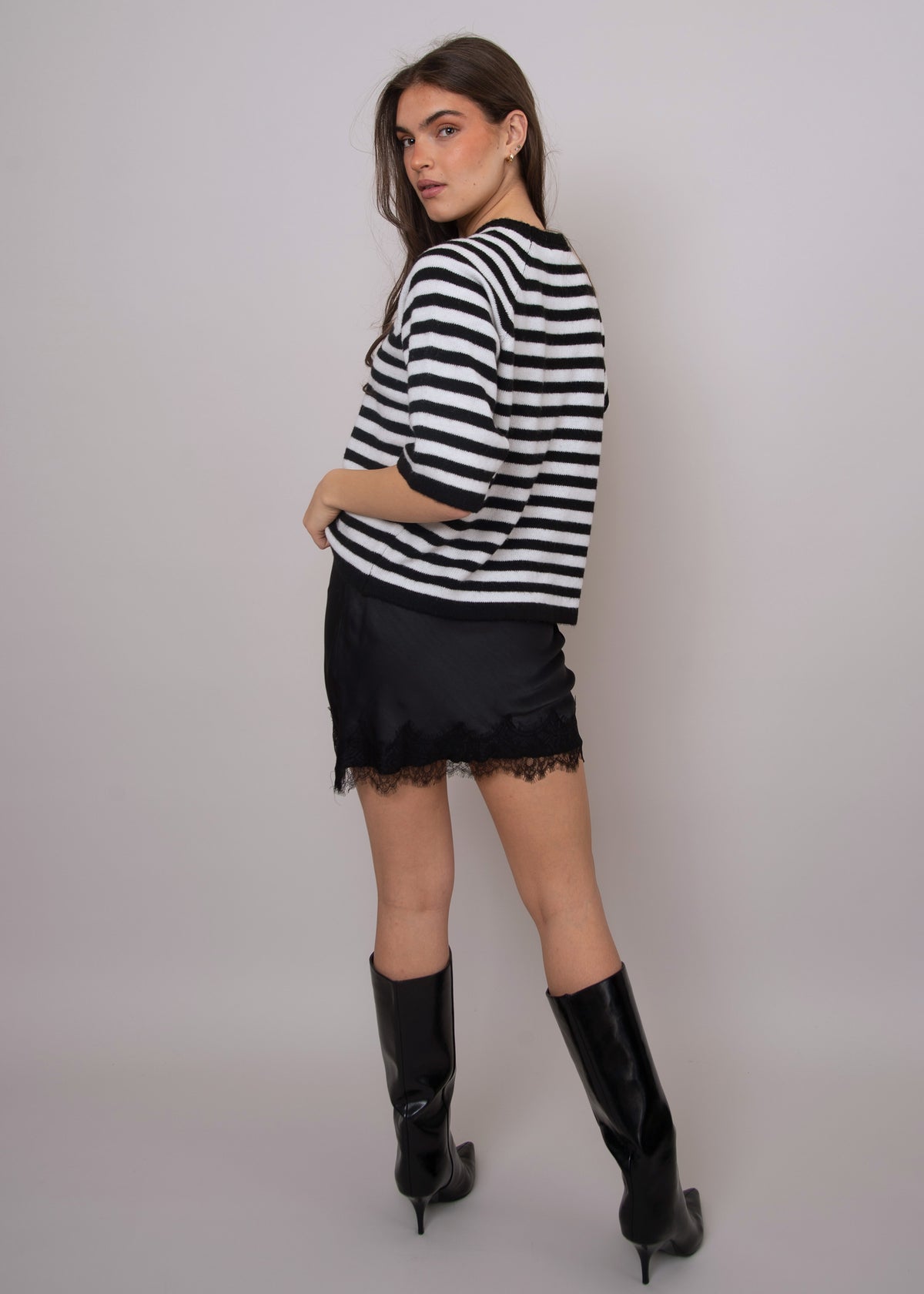 Kira Satin Lace Trim Skirt in Black