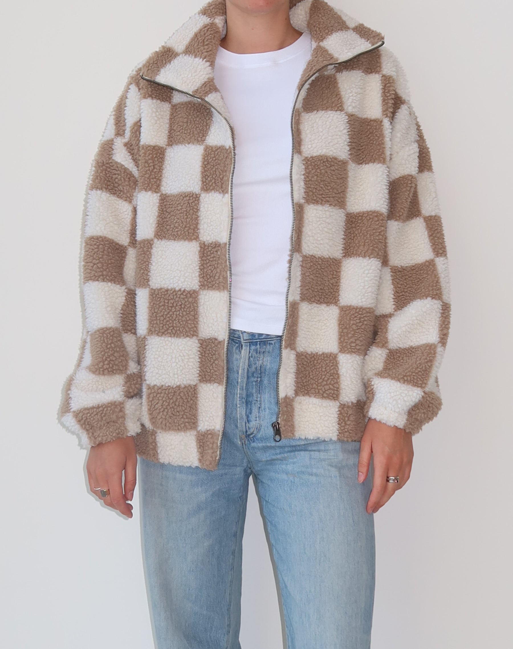 Checkerboard Full Zip Sherpa Jacket