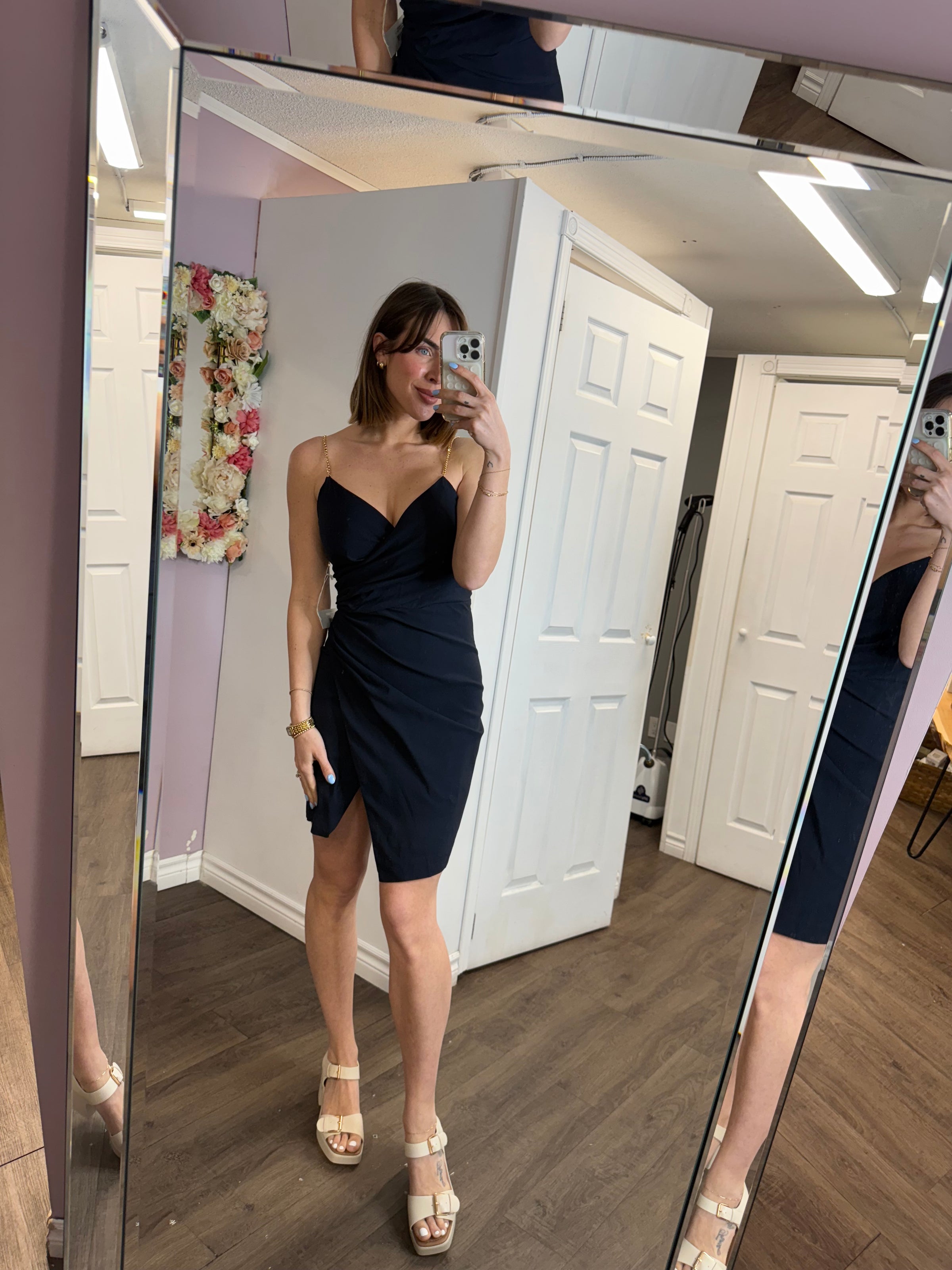 Malone Faux Wrap Dress in Navy