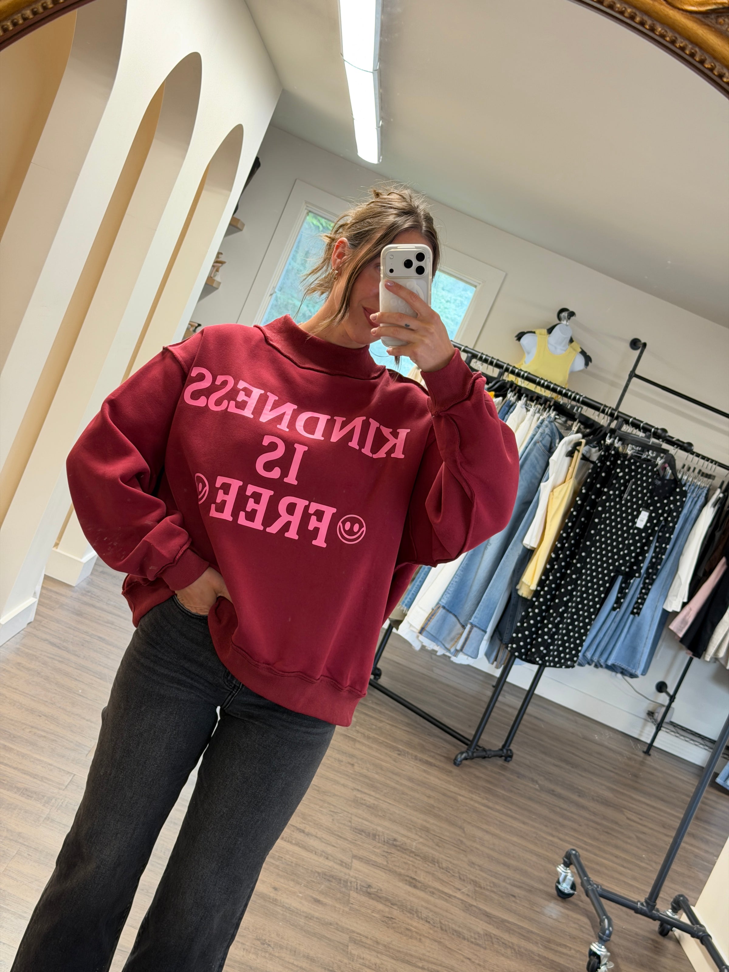 Kindness Is Free Reversible Graphic Sweater | Burgundy/Pink