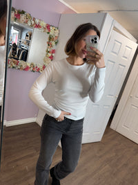 Long Sleeve Shirred Side Top In White