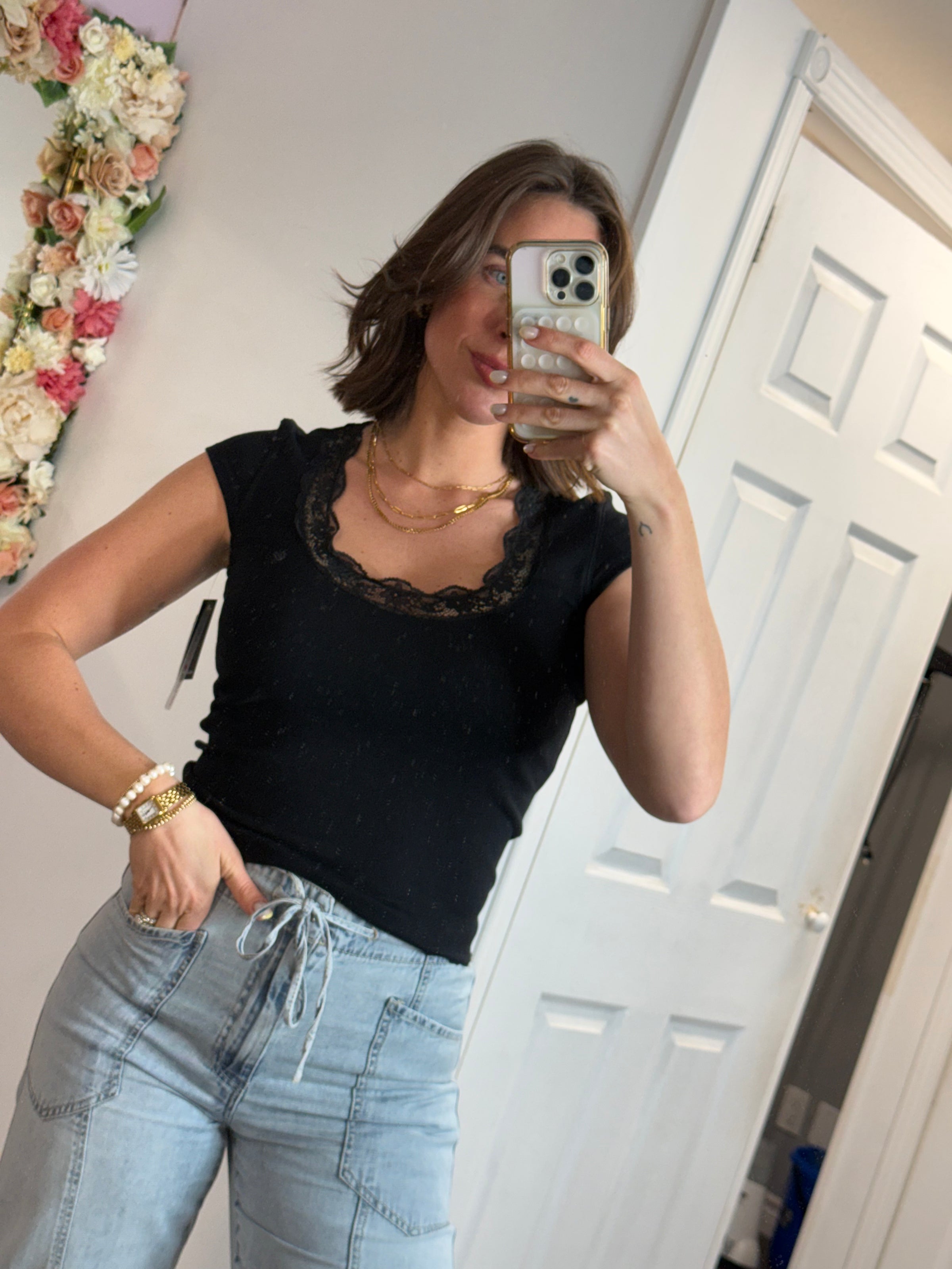 Paige Cap Sleeve Lace Trim Tee | Black