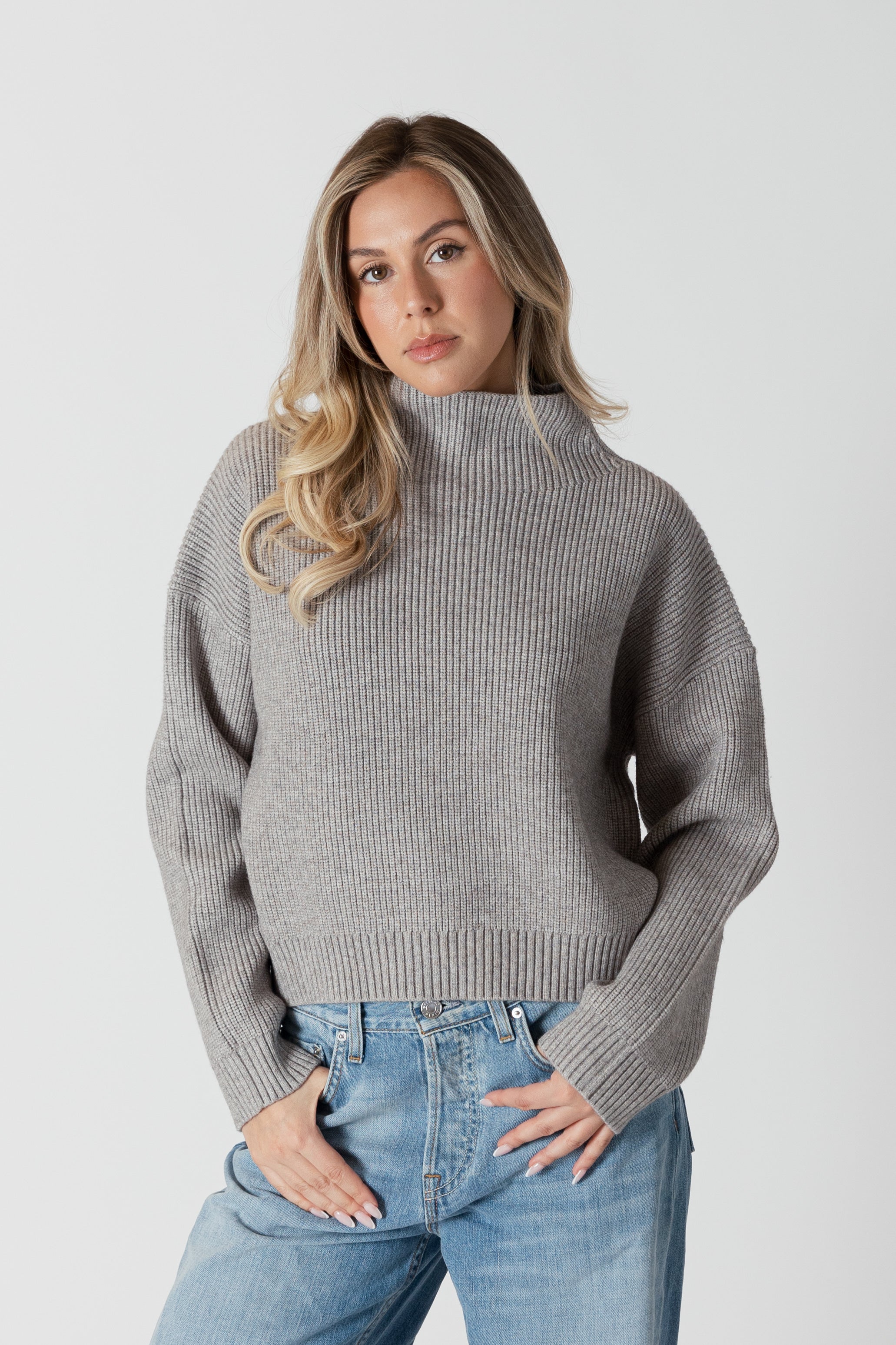 Evolet Ribbed Mockneck Sweater in Grey Marl