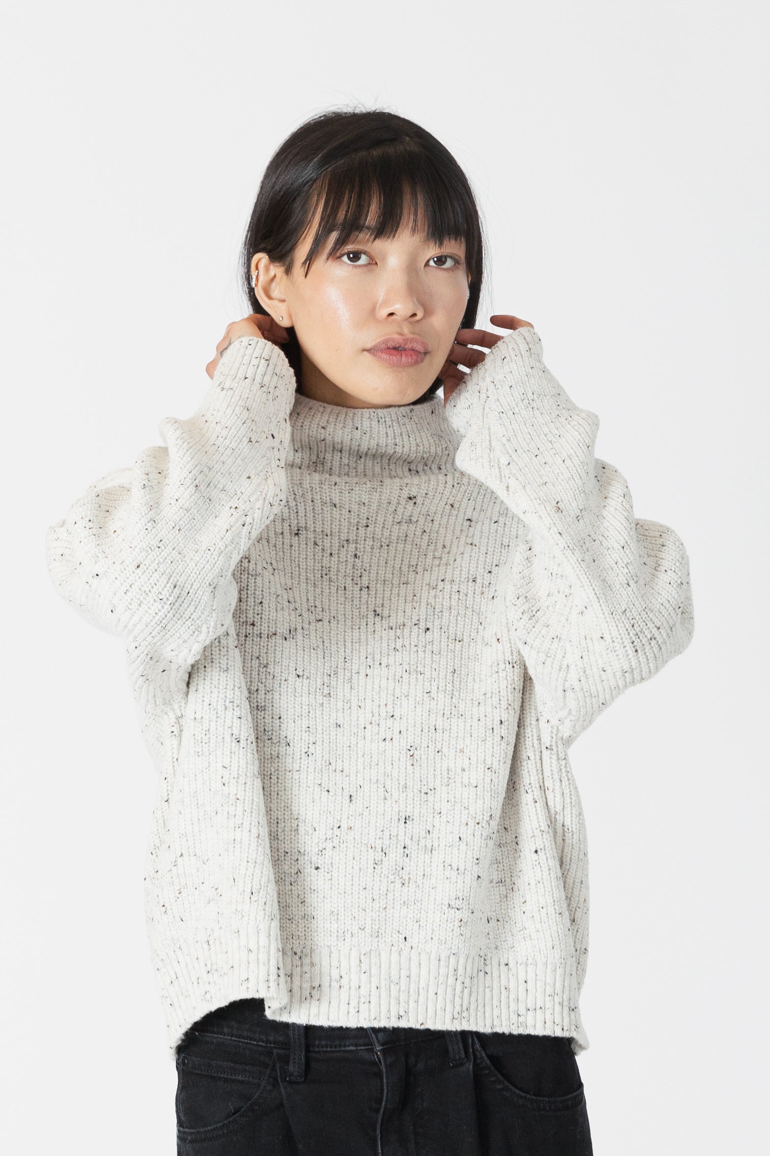 Evolet Ribbed Mockneck Sweater in Off White Fleck