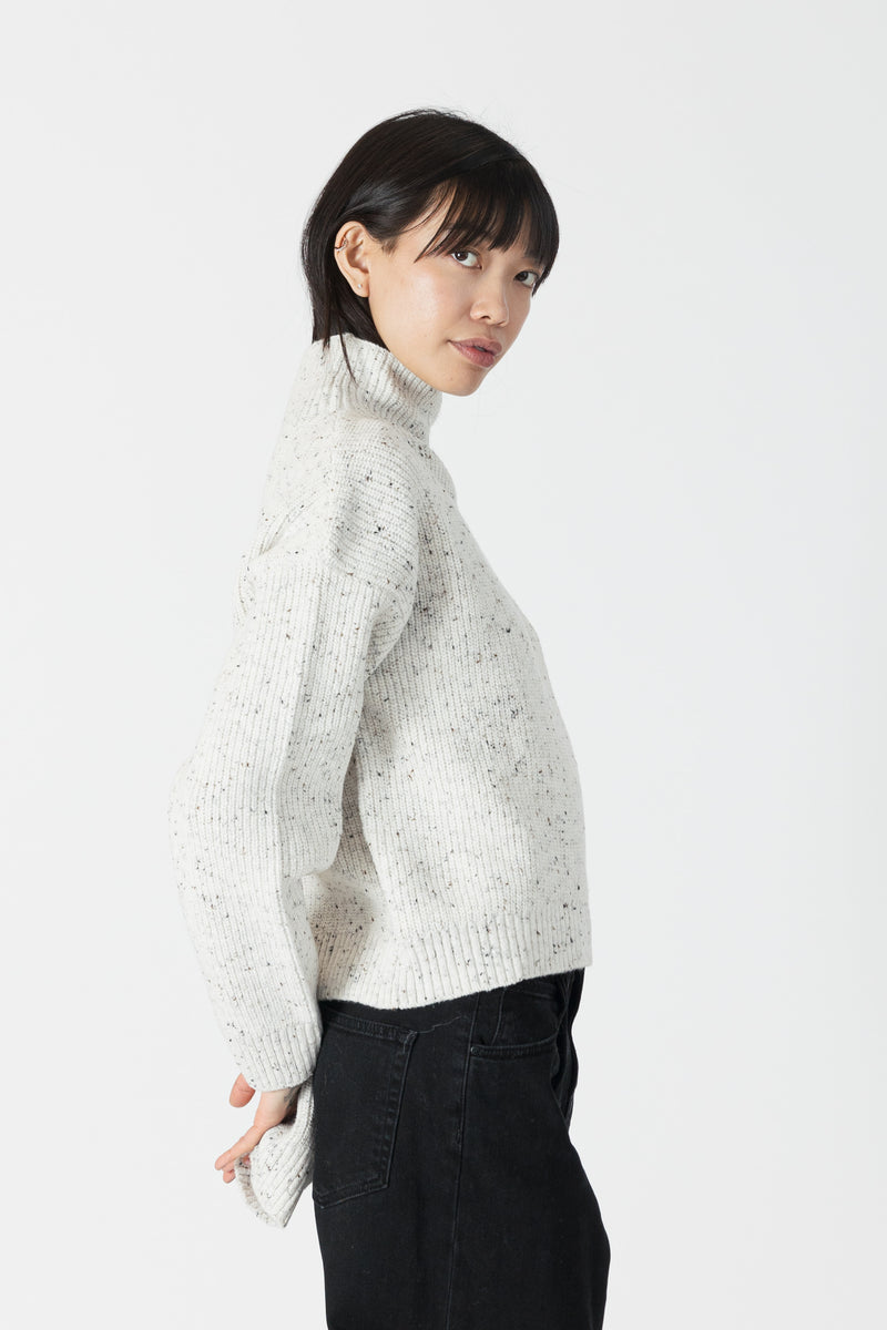 Evolet Ribbed Mockneck Sweater in Off White Fleck