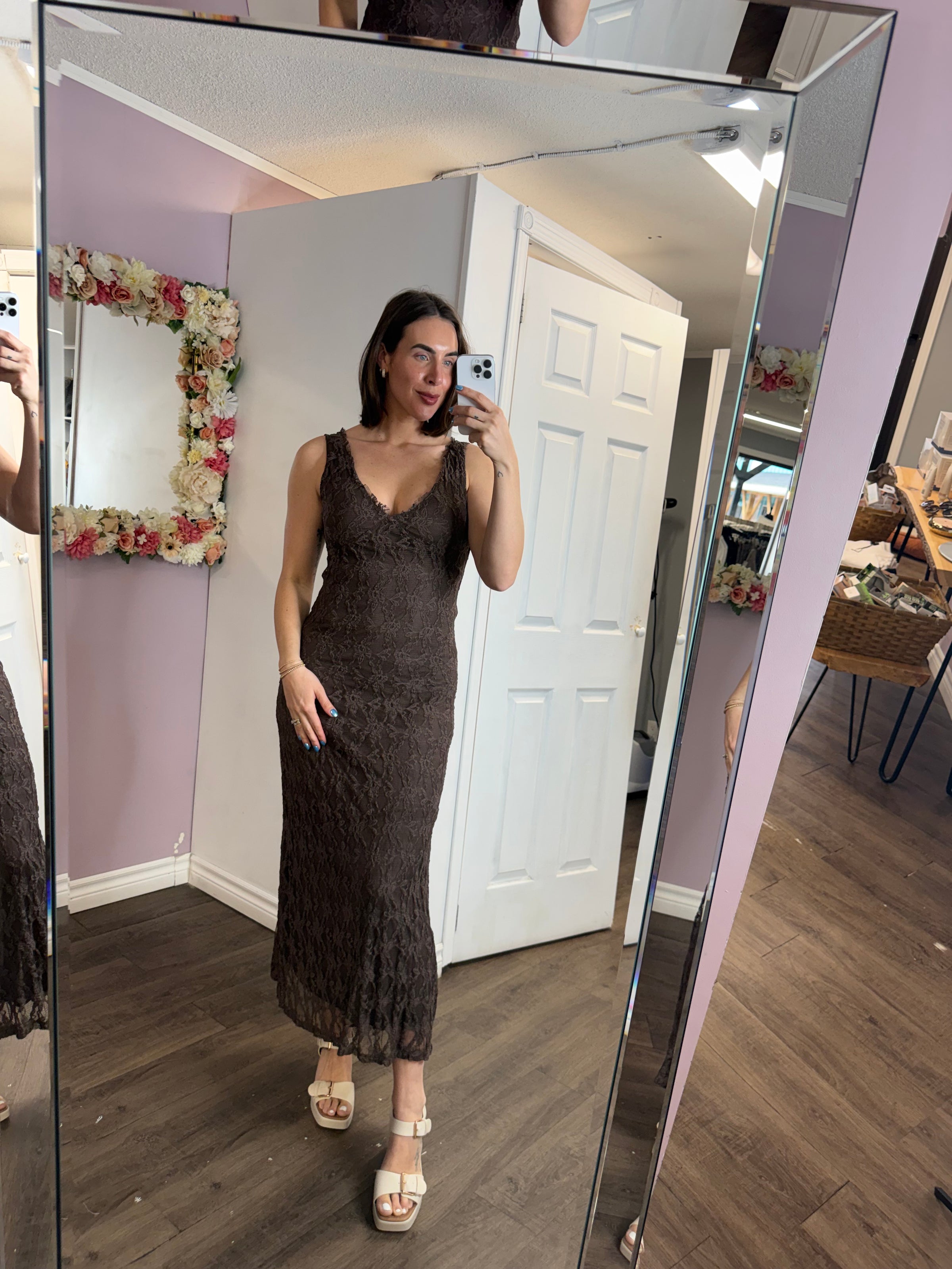 Albina Long Lace Maxi Dress | Chocolate