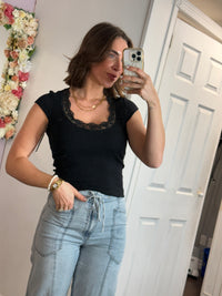 Paige Cap Sleeve Lace Trim Tee | Black