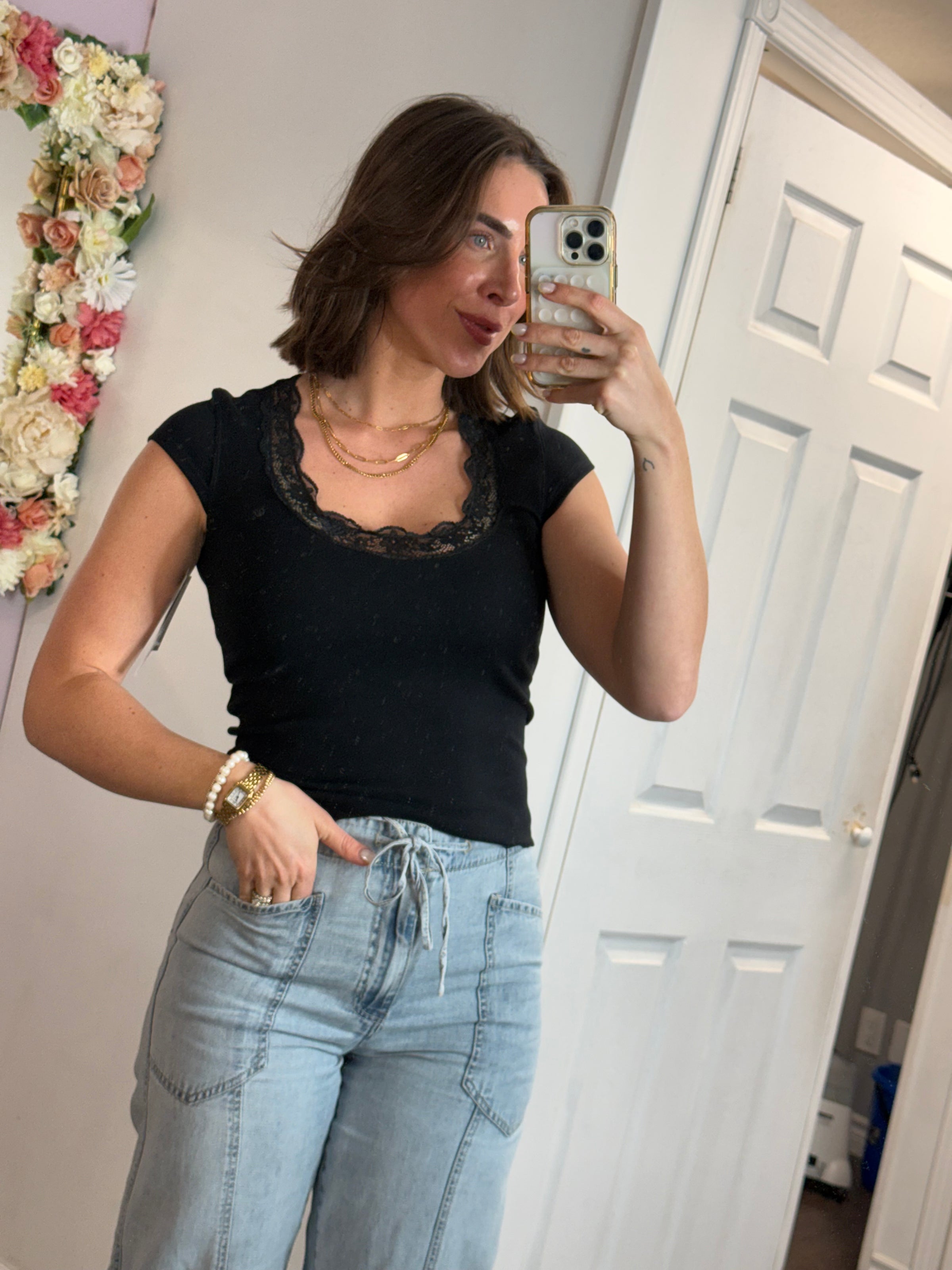 Paige Cap Sleeve Lace Trim Tee | Black