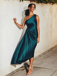 Olympia Asymmetrical Pleated Maxi Dress in Blue Sapphire