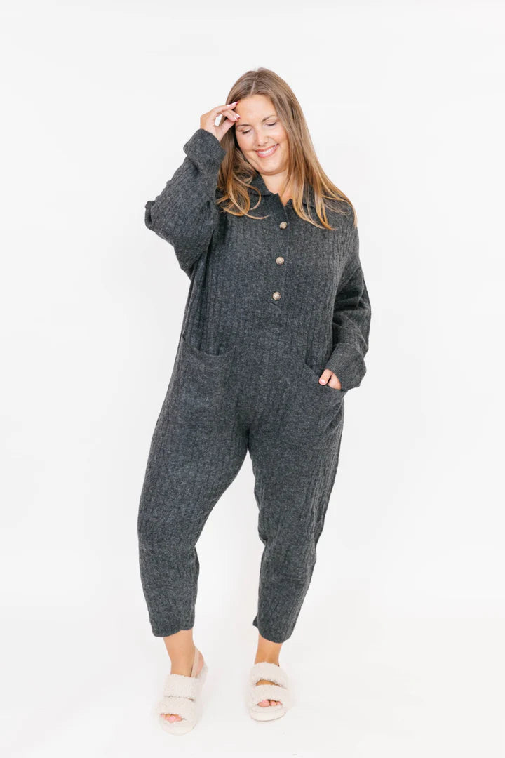 Florence Cable Knit Jumpsuit in Dark Charcoal