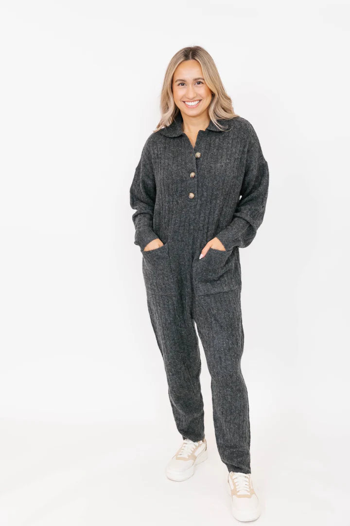 Florence Cable Knit Jumpsuit in Dark Charcoal