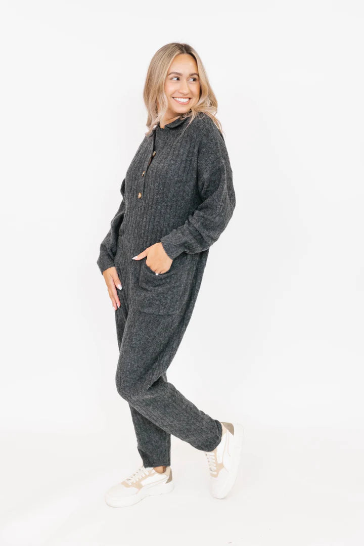 Florence Cable Knit Jumpsuit in Dark Charcoal