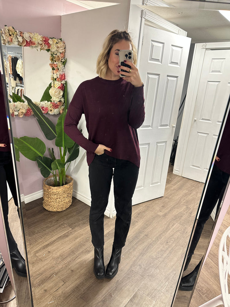 Ashlyn Rib Trim Sweater in Bordeaux