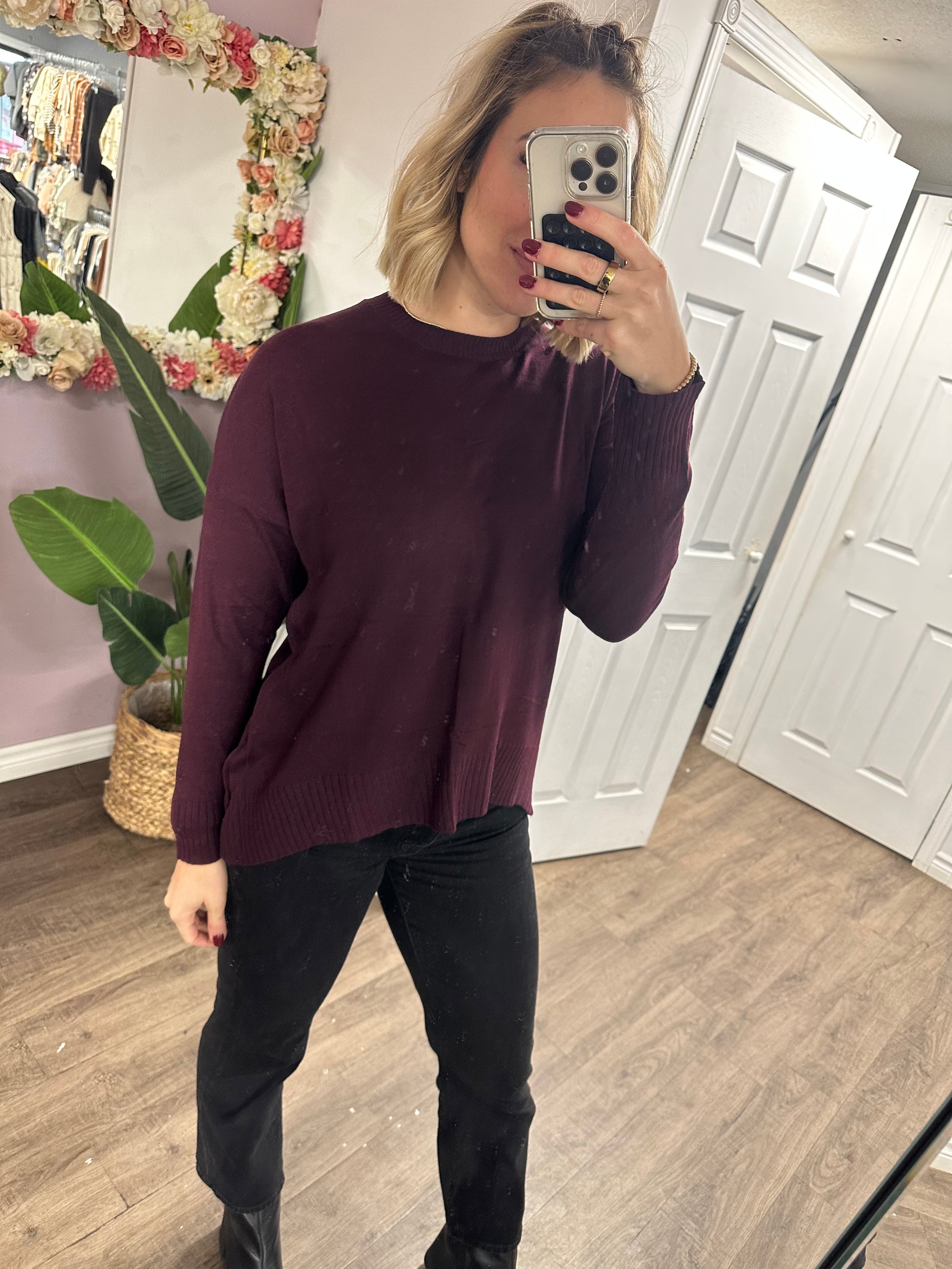 Ashlyn Rib Trim Sweater in Bordeaux