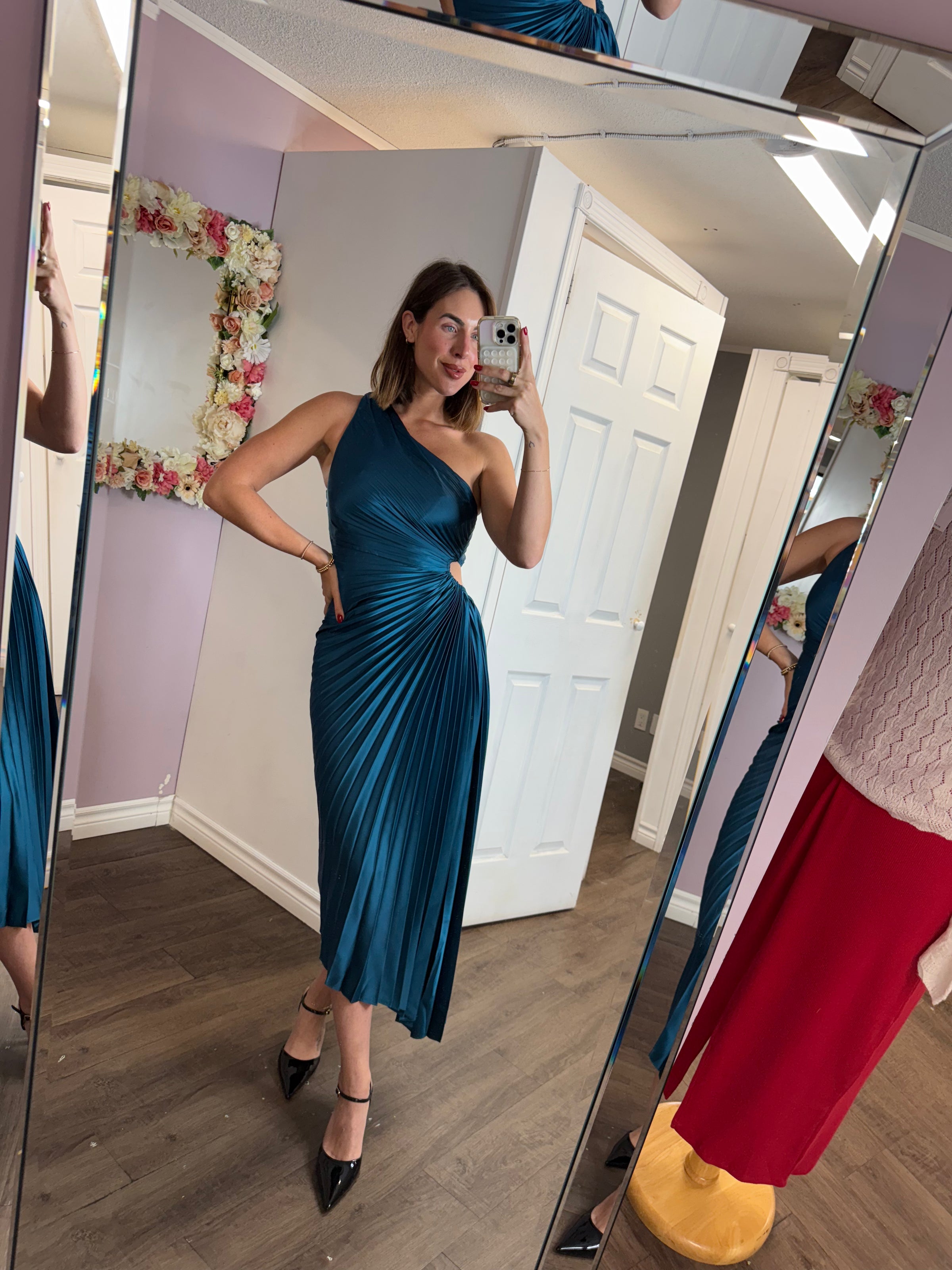 Olympia Asymmetrical Pleated Maxi Dress in Blue Sapphire