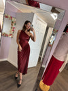 Olympia Asymmetrical Pleated Maxi Dress in Merlot