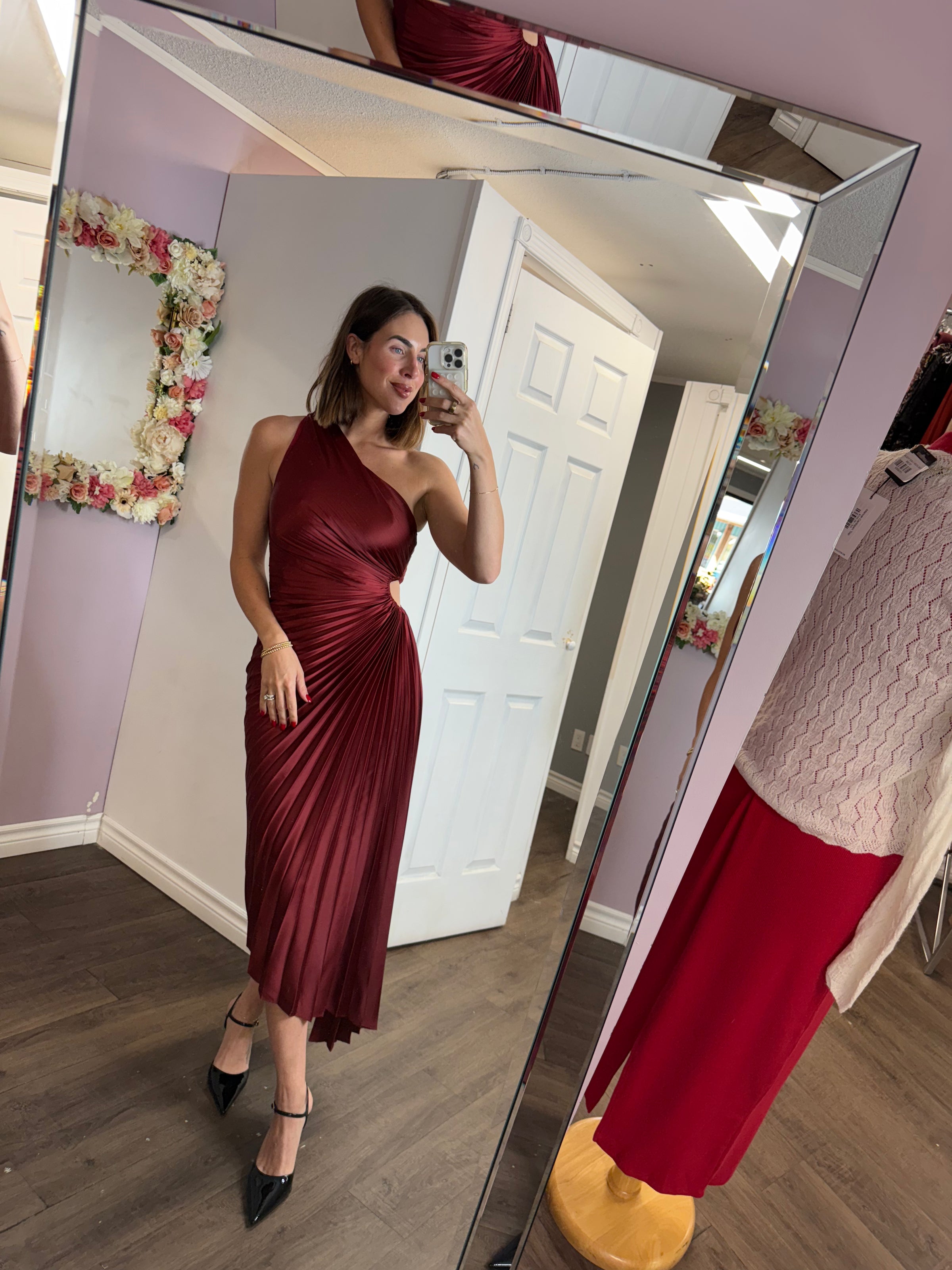 Olympia Asymmetrical Pleated Maxi Dress in Merlot