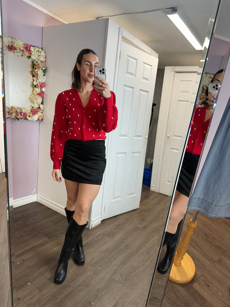 Bowen Pearl Cardigan in Poinsettia