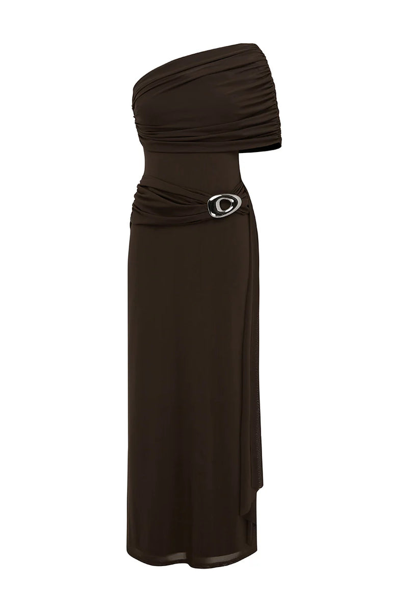 Kassi One Shoulder Midi Dress in Chocolate