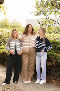 Mabel Striped Short Cardigan in Light Brown/Ivory