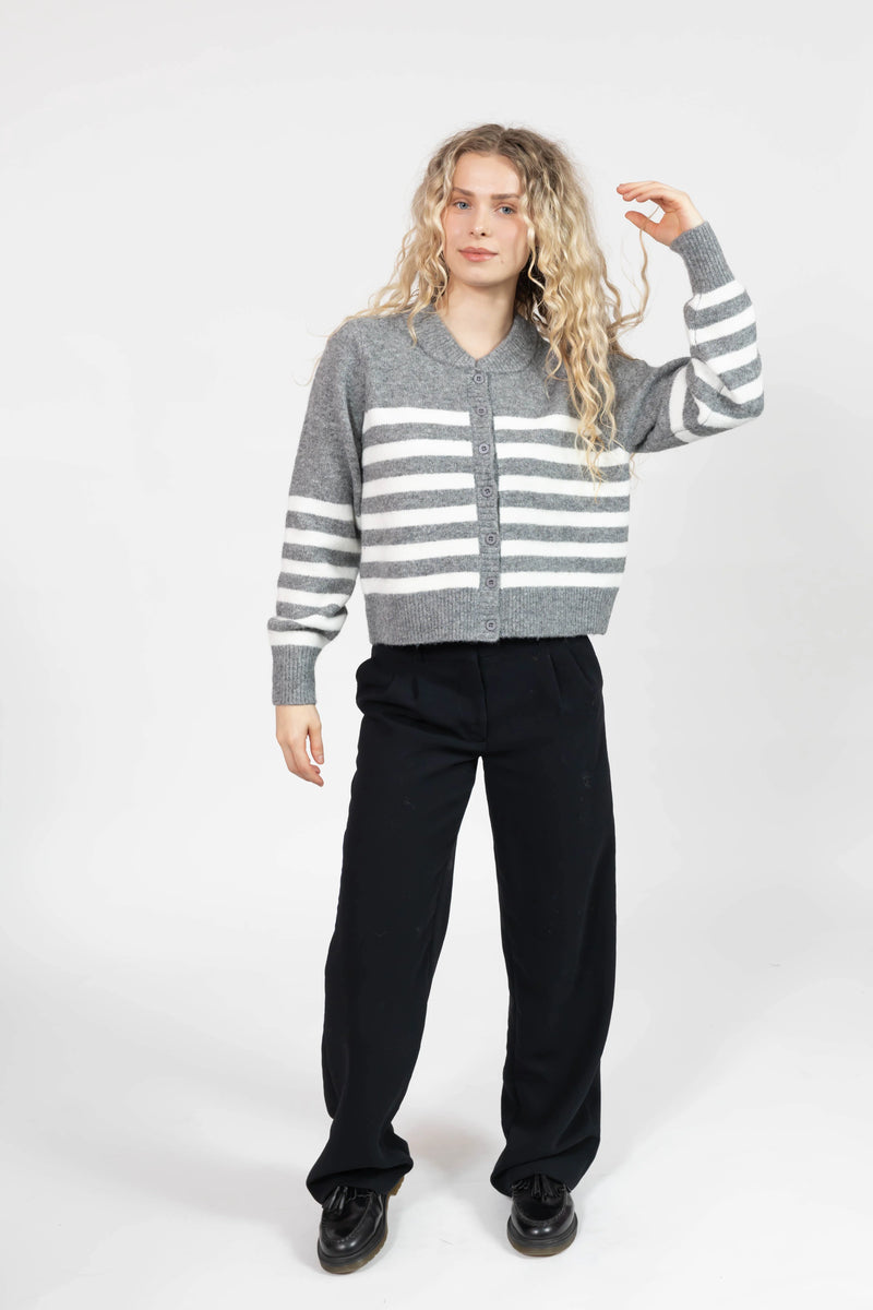 Mabel Striped Short Cardigan in Heather/Grey Ivory