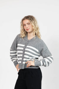 Mabel Striped Short Cardigan in Heather/Grey Ivory