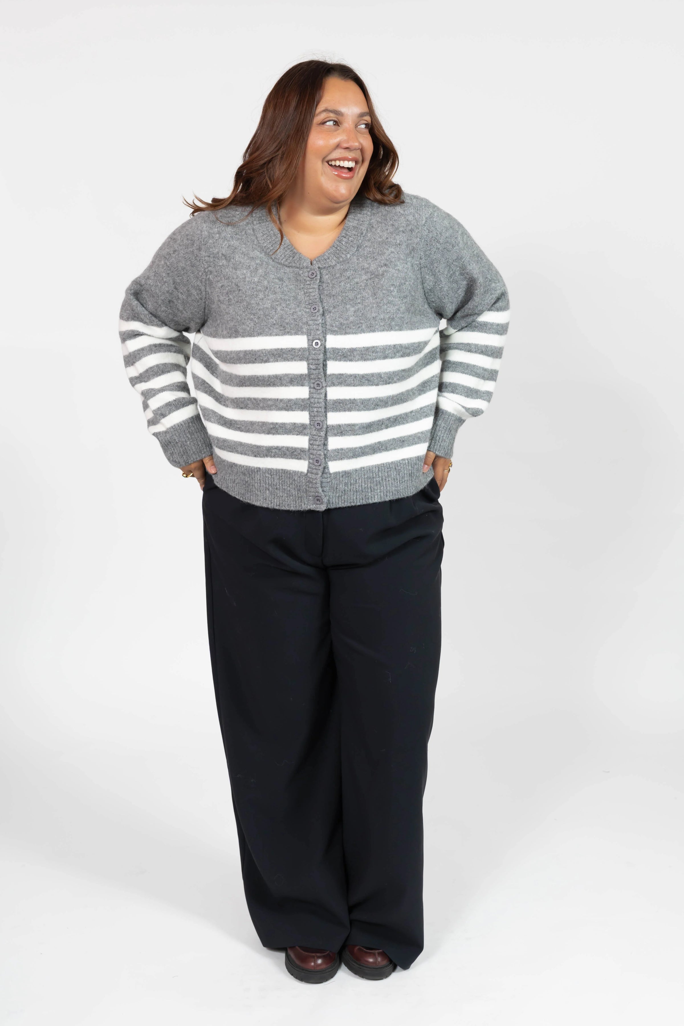 Mabel Striped Short Cardigan in Heather/Grey Ivory