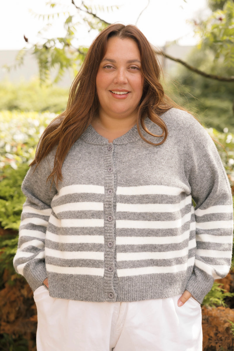 Mabel Striped Short Cardigan in Heather/Grey Ivory