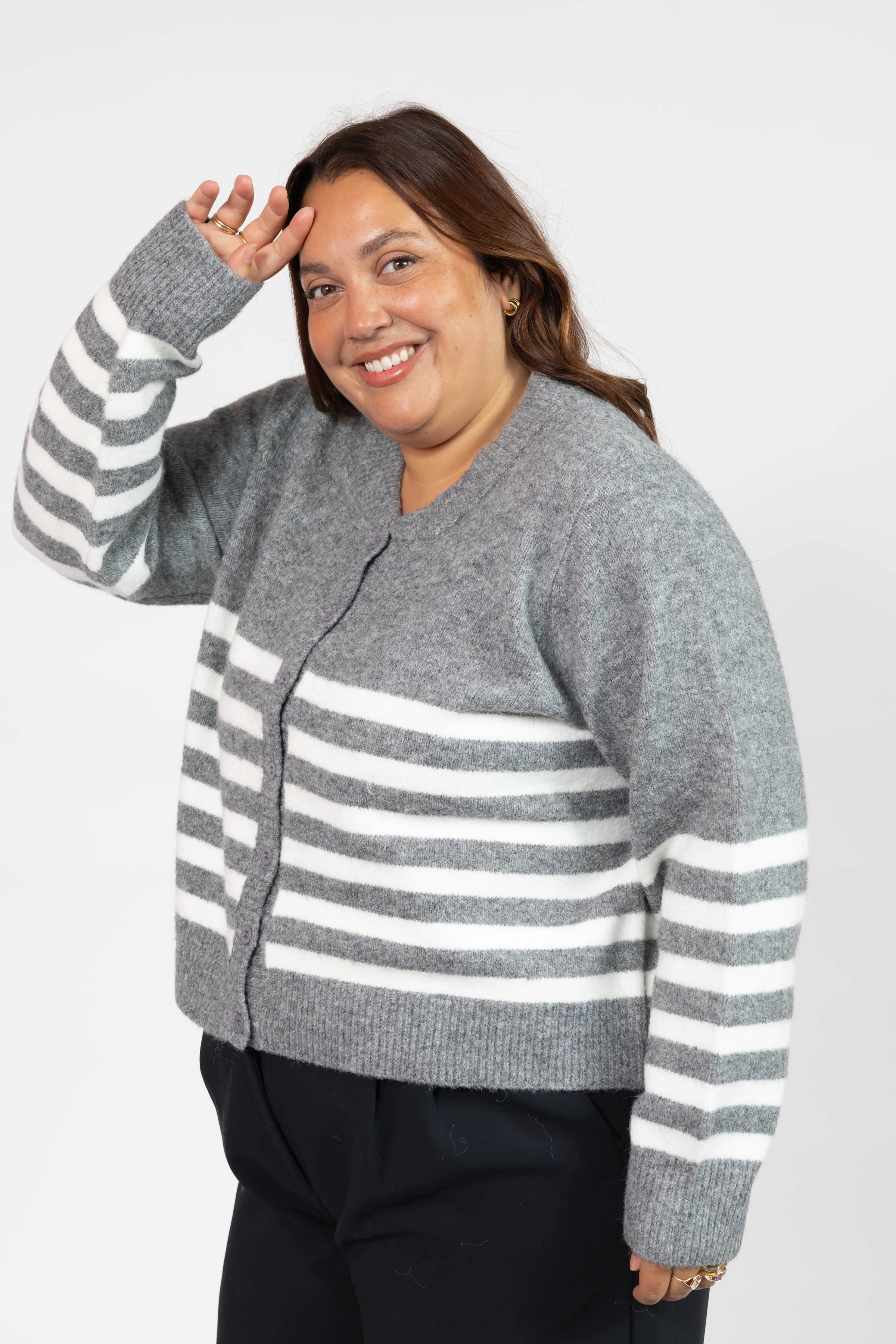 Mabel Striped Short Cardigan in Heather/Grey Ivory