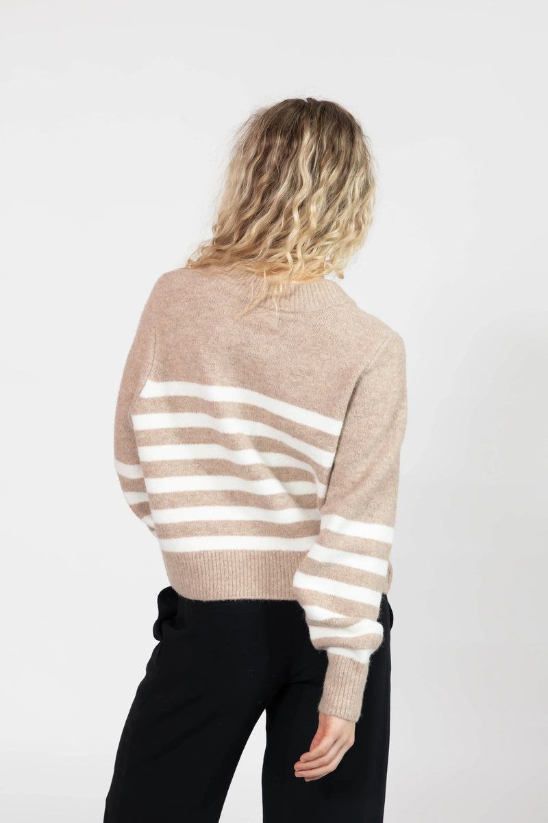 Mabel Striped Short Cardigan in Light Brown/Ivory