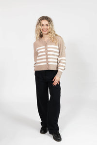 Mabel Striped Short Cardigan in Light Brown/Ivory