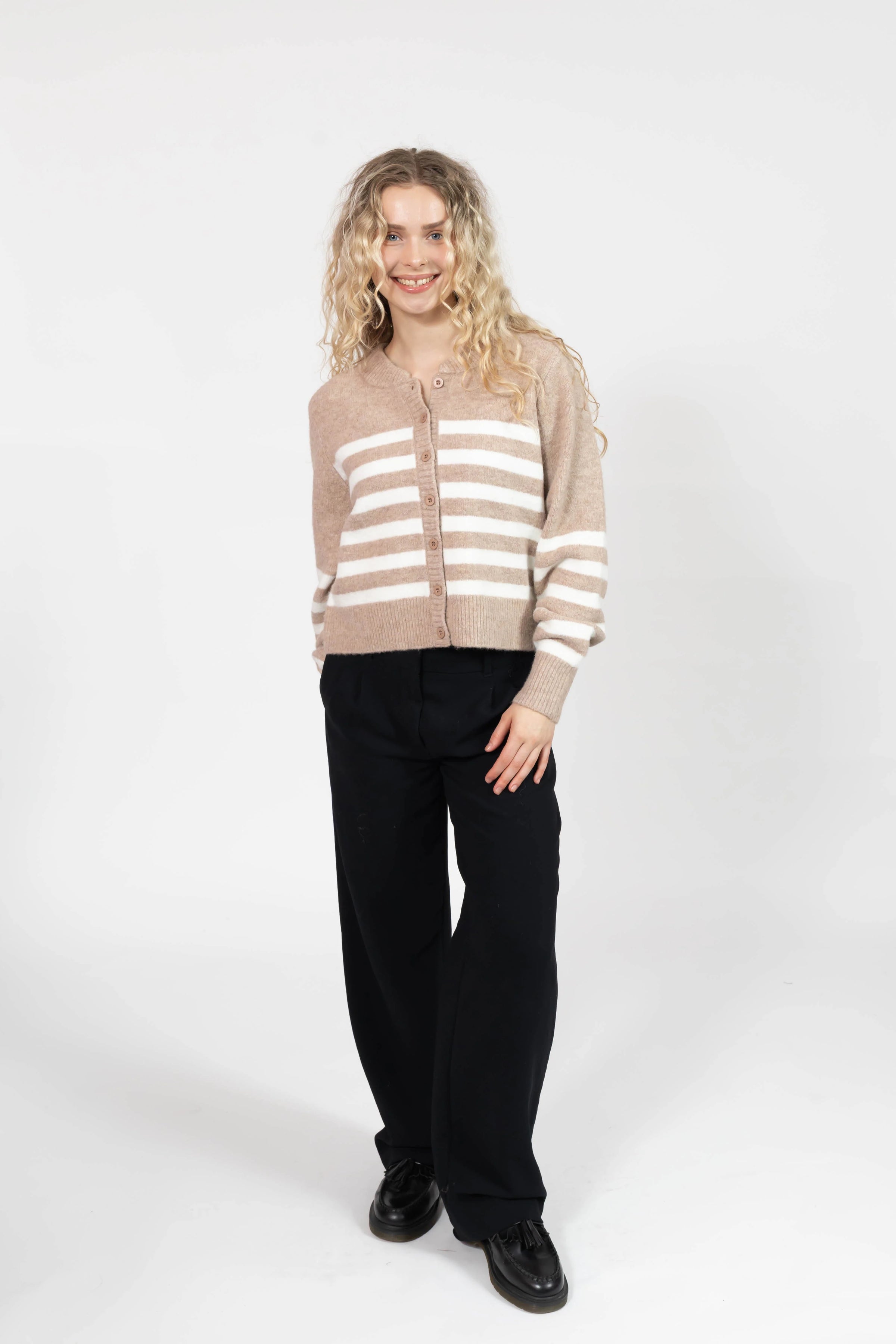 Mabel Striped Short Cardigan in Light Brown/Ivory